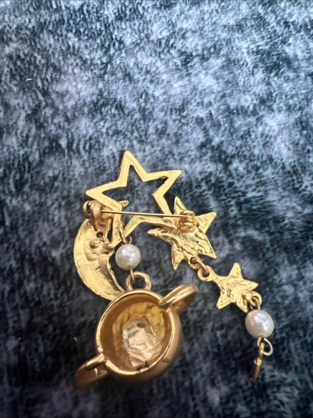 Source Unknown Gold-Tone Celestial Planet, Moon & Star Brooch with Pearls - Picture 2 of 2
